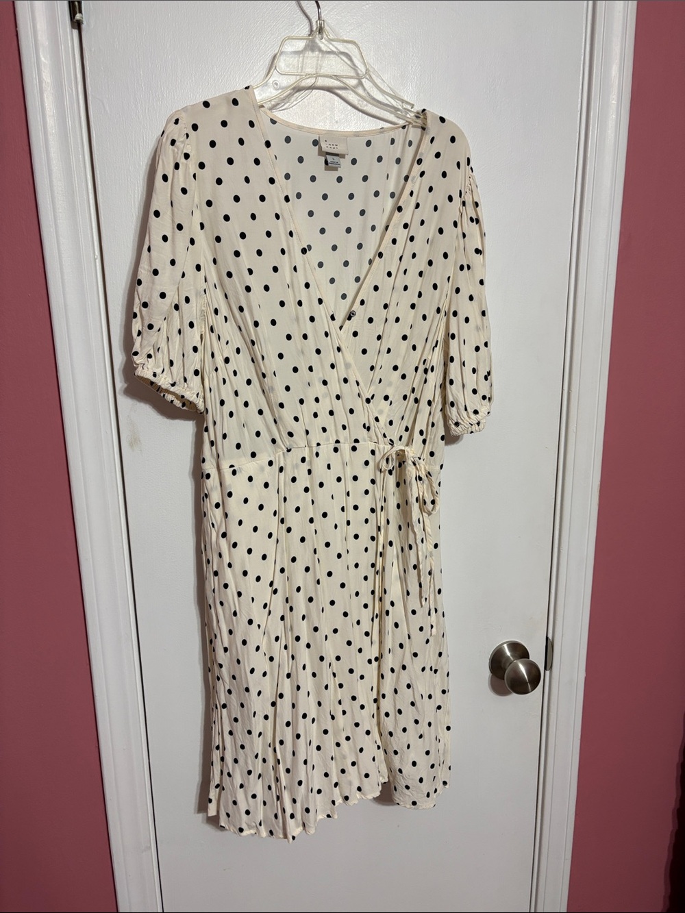 Polka Dot Wrap Midi Dress — Cream with Black Dots
